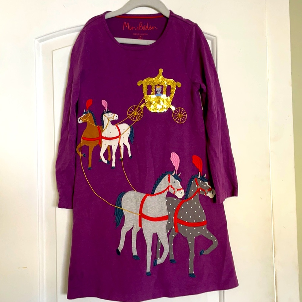 Mini Boden Purple Dress with Horse and Carriage Design